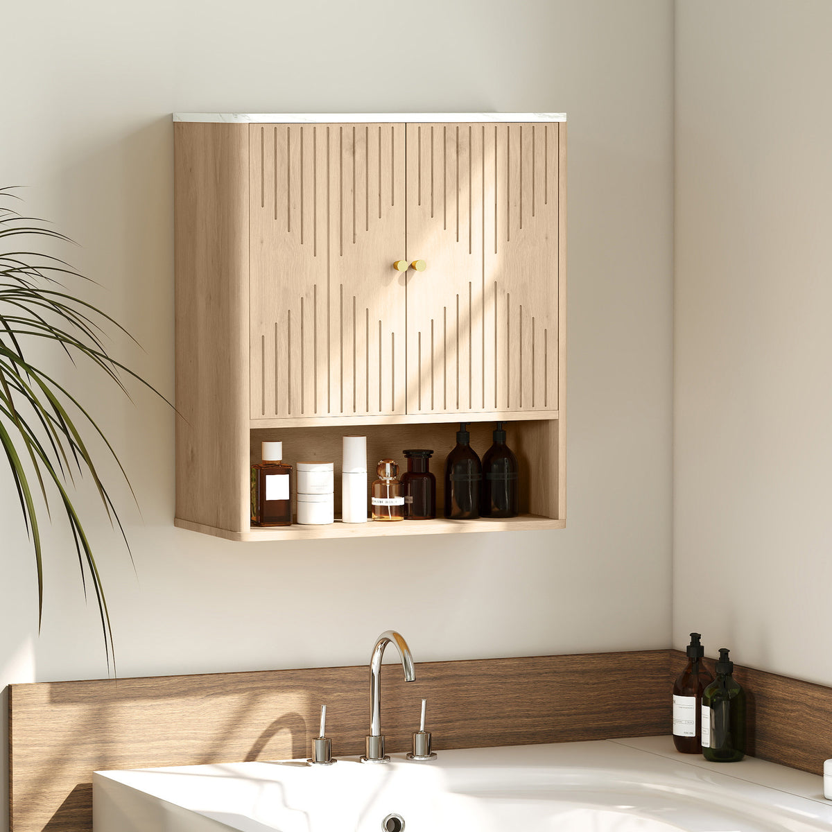 HOMCOM Bathroom Wall Cabinet With Adjustable Shelf And Open Shelf, Oak