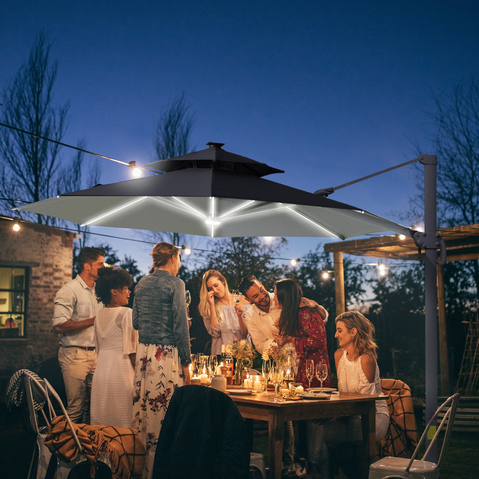 3m Cantilever Parasol W/ Solar Lights & 360° Spin | Dark Gray