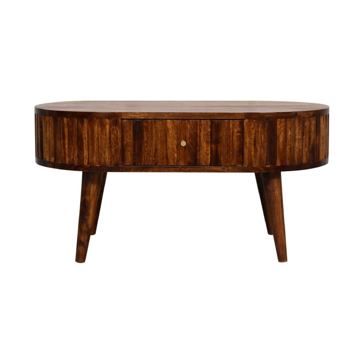 Solid Wood Stripe Chestnut Coffee Table, 2 Drawers, Dark Brown