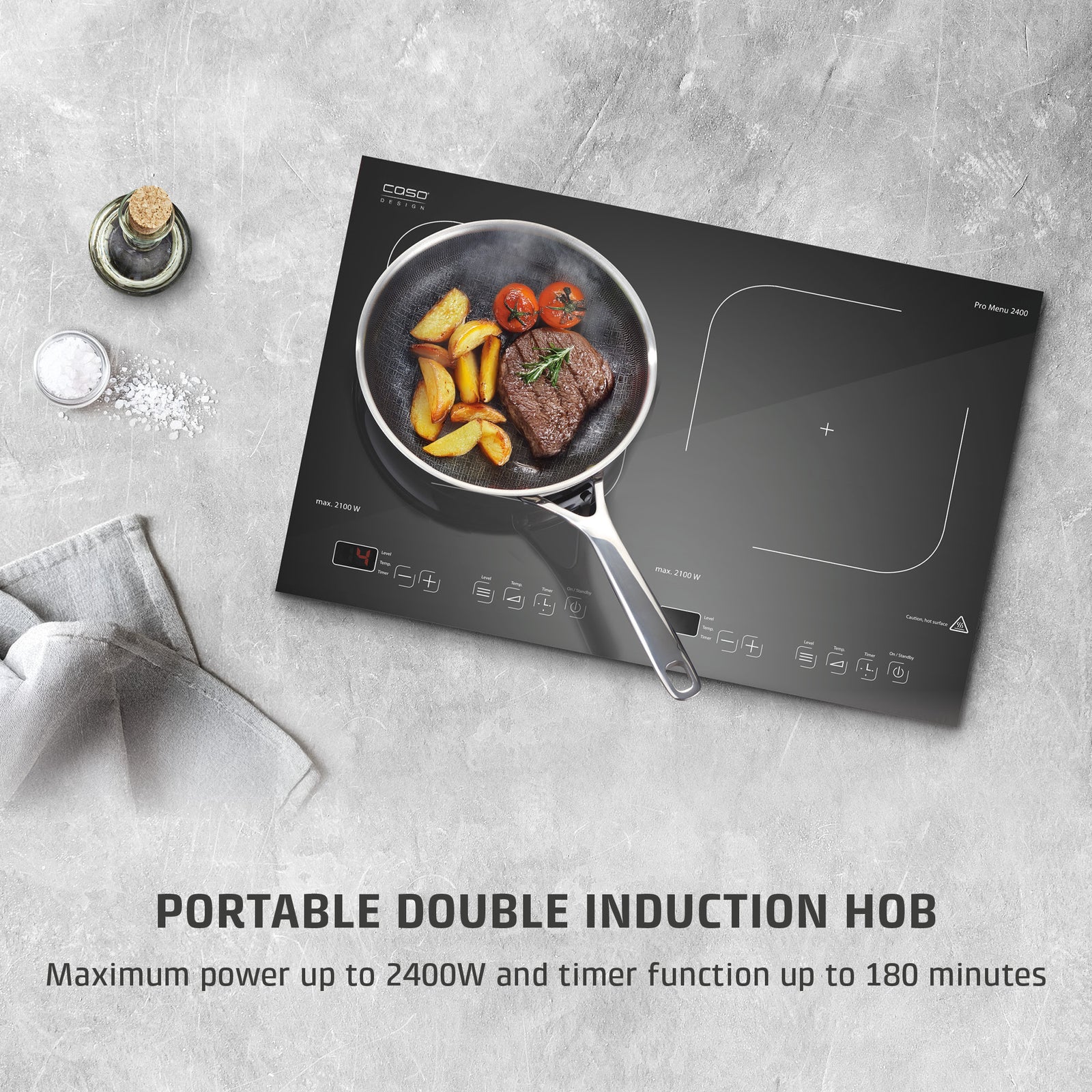CASO Design Promenu 2400 Portable Induction Hob, Double Electric Hob With 12 Power Levels Up To 240°c