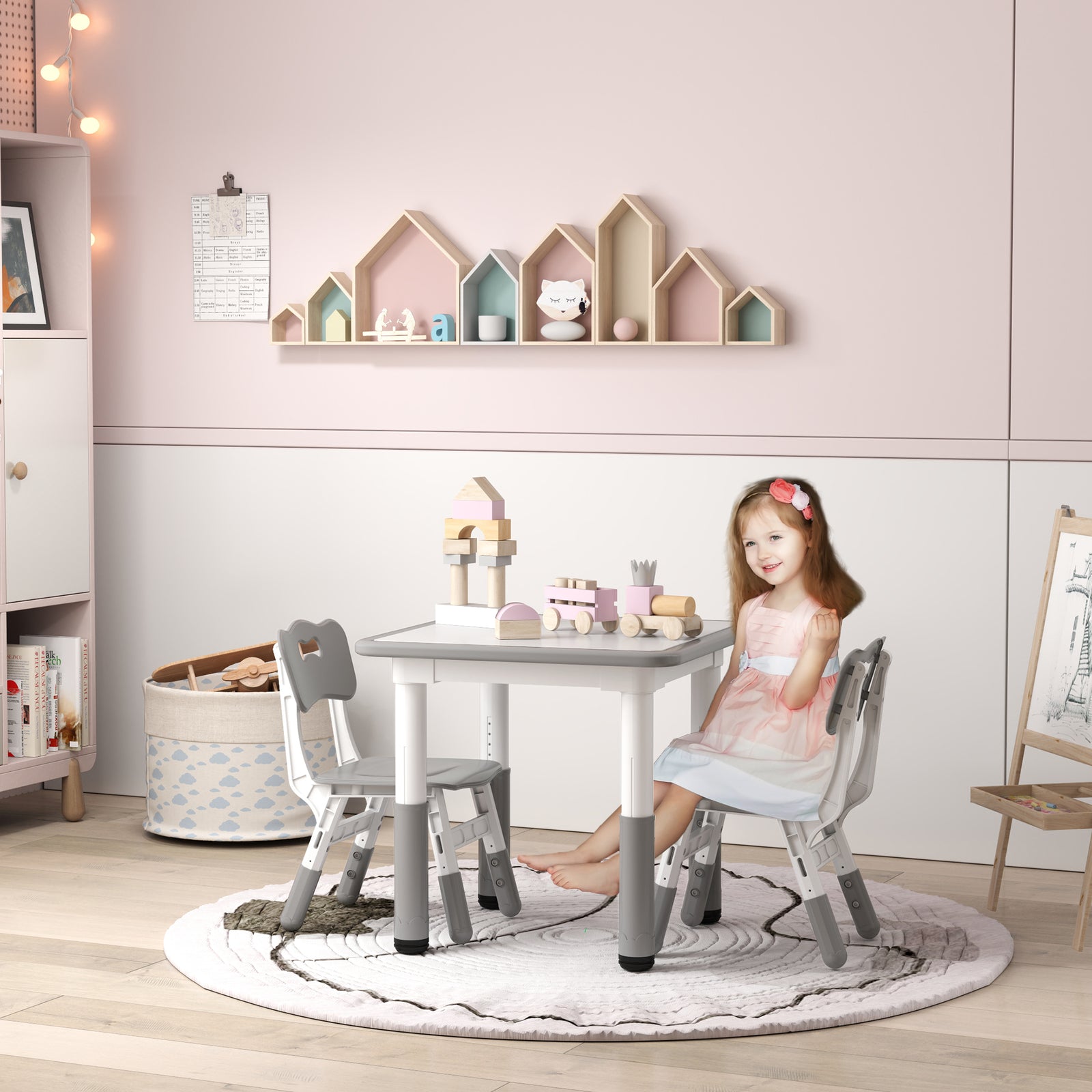 3 Pcs Height Adjustable Kids Table And Chair Set For Playroom | Grey