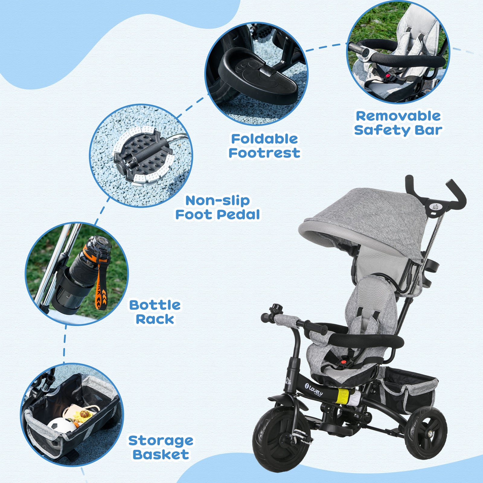 6 In 1 Kids Trike, Stroller With Parent Handle | Grey