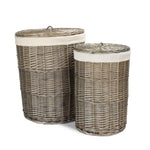 White Cotton Lined Wicker Antique Wash Round Laundry Baskets | Set of 2 | White