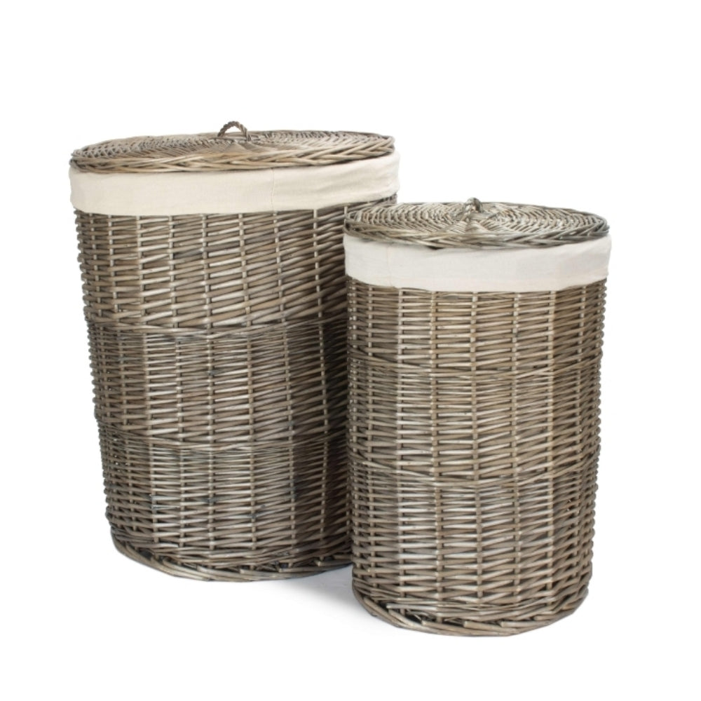 White Cotton Lined Wicker Antique Wash Round Laundry Baskets | Set of 2 | White