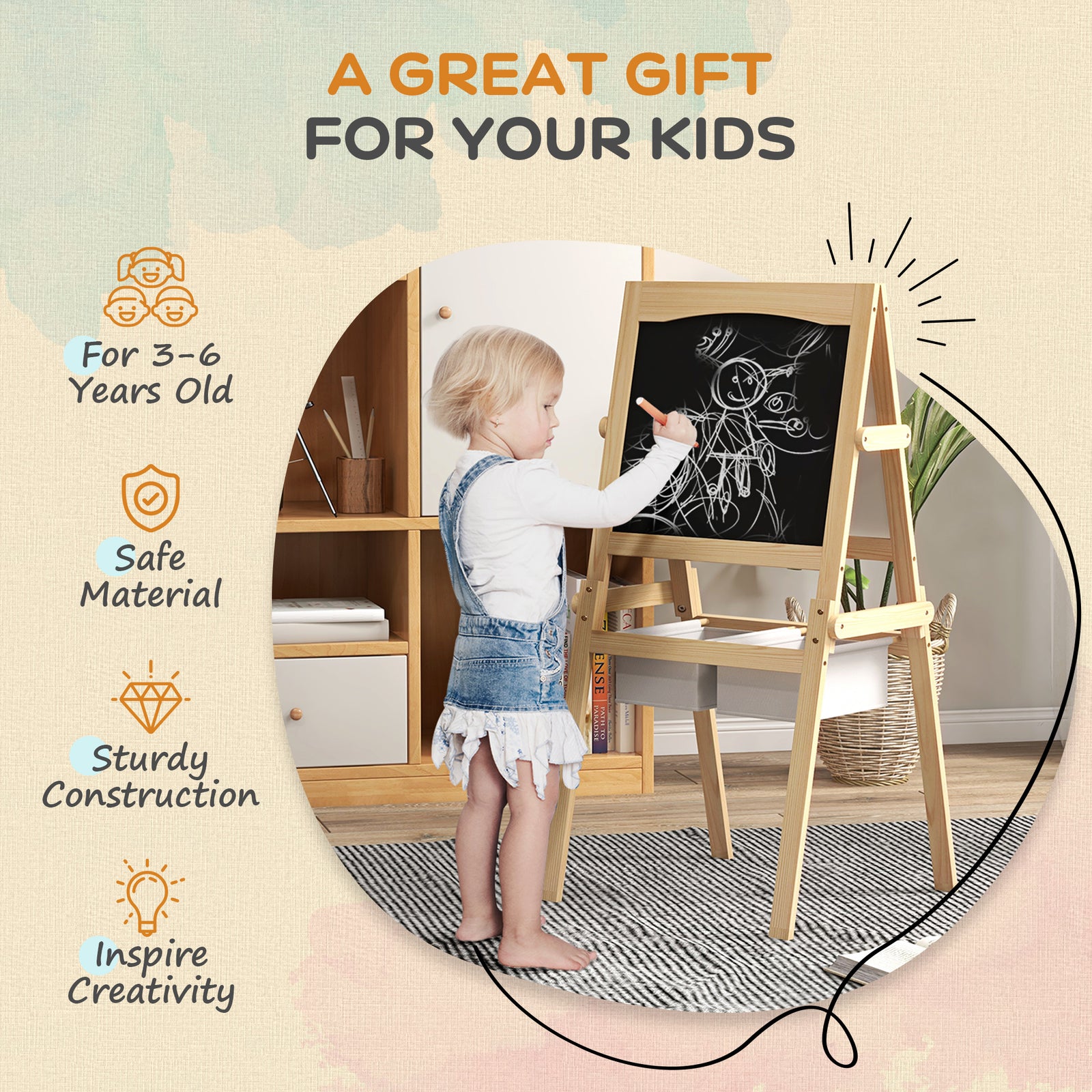3 In 1 Kids Easel With Paper Roll, Storage Baskets - Natural