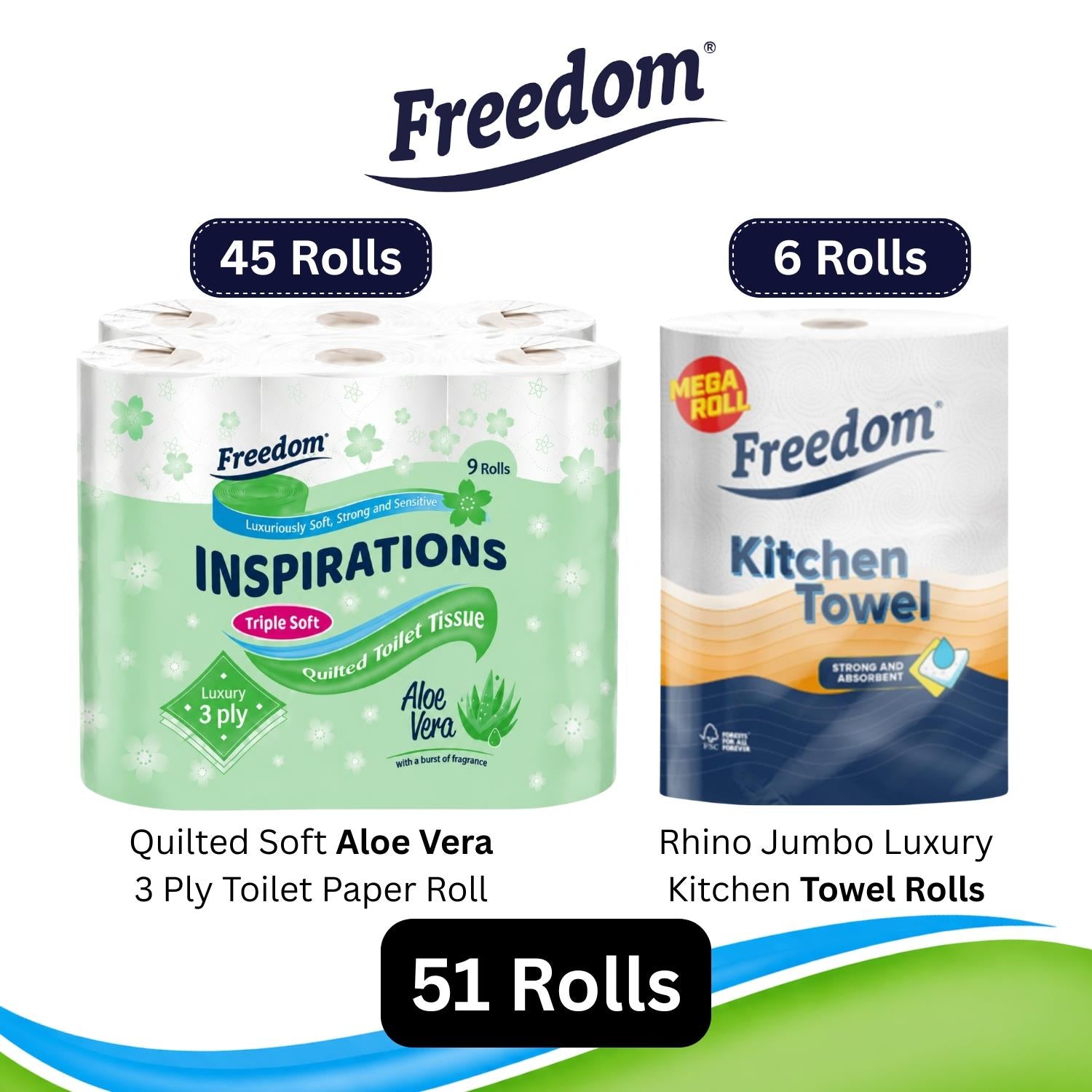 Freedom Aloe 3-ply Toilet Paper 45 Rolls + Rhino Jumbo Kitchen Towels 6 Rolls