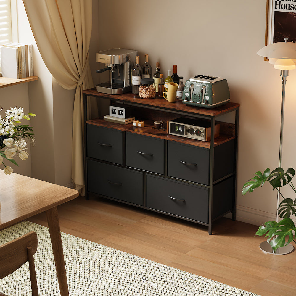 5-drawer Metal Frame Chest Of Drawers Storage Cabinet With Power Strip | Black