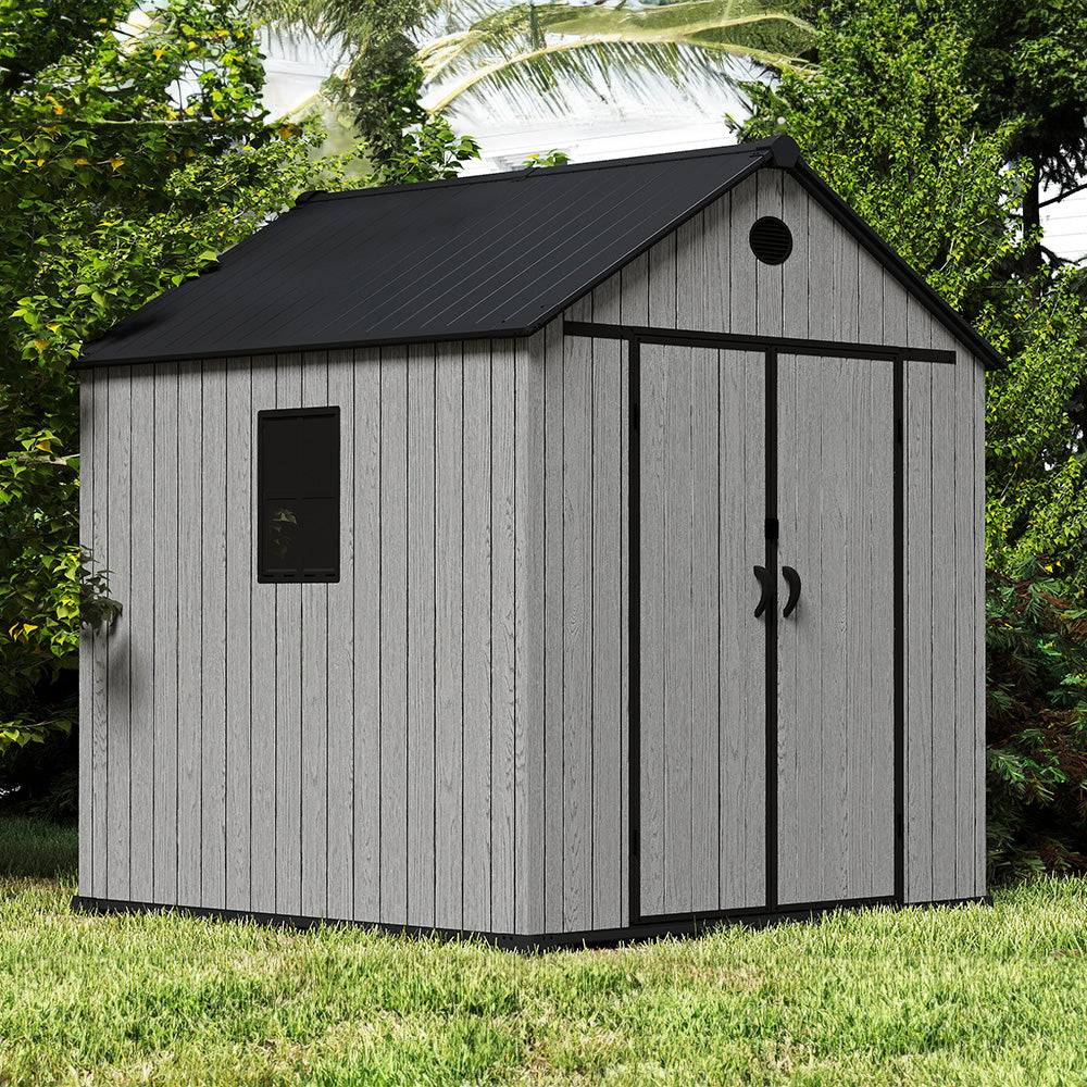 7.38 × 7.38 Ft Garden Tool Shed With Apex Roof & Combination Lock – Heavy-duty Grey Wood Grain Outdoor Storage Shed With Floor, Window & Ventilation Panels