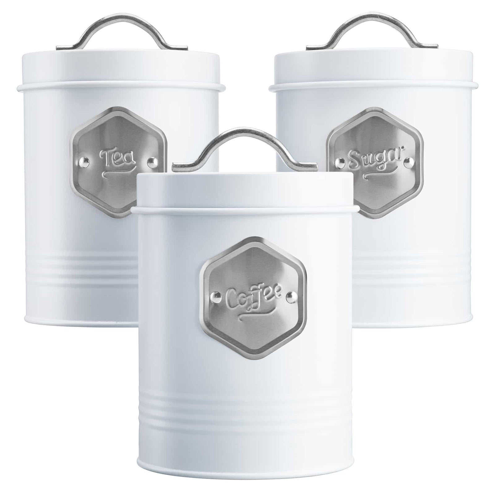 Tea Coffee & Sugar Canisters Bin Jar Storage 3pc White/silver | Silver
