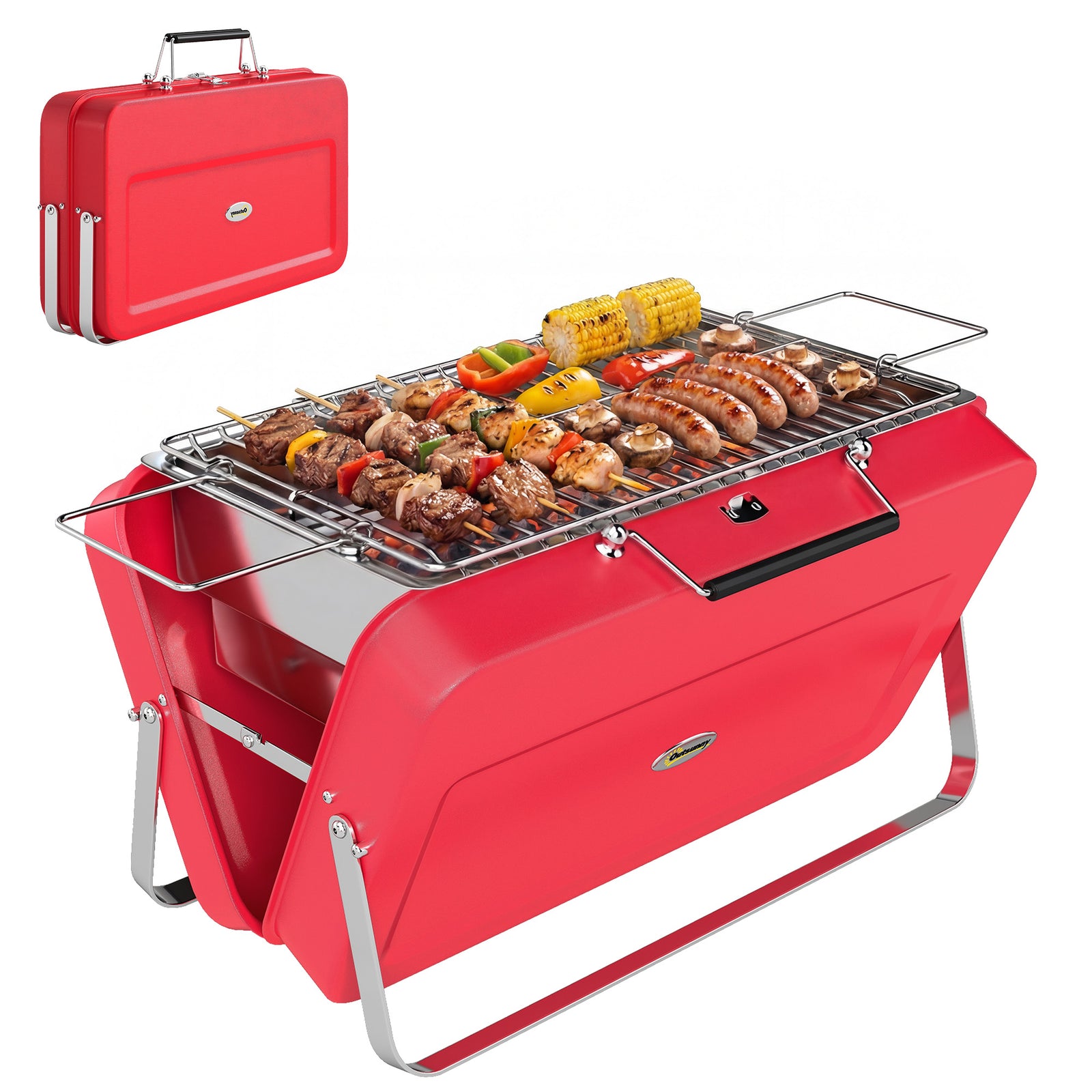 Portable Mini Charcoal Barbecue Grill With Suitcase Shell, Red