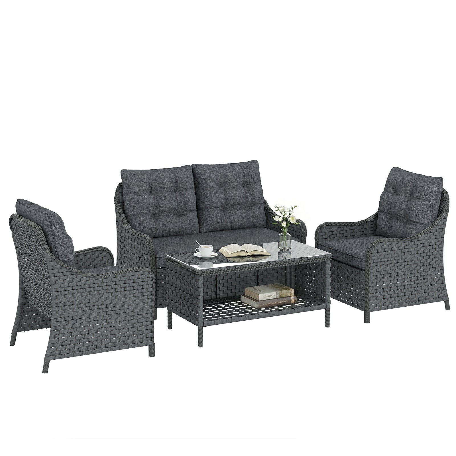 4 Piece Rattan Patio Furniture Set With Removable Cushion Covers