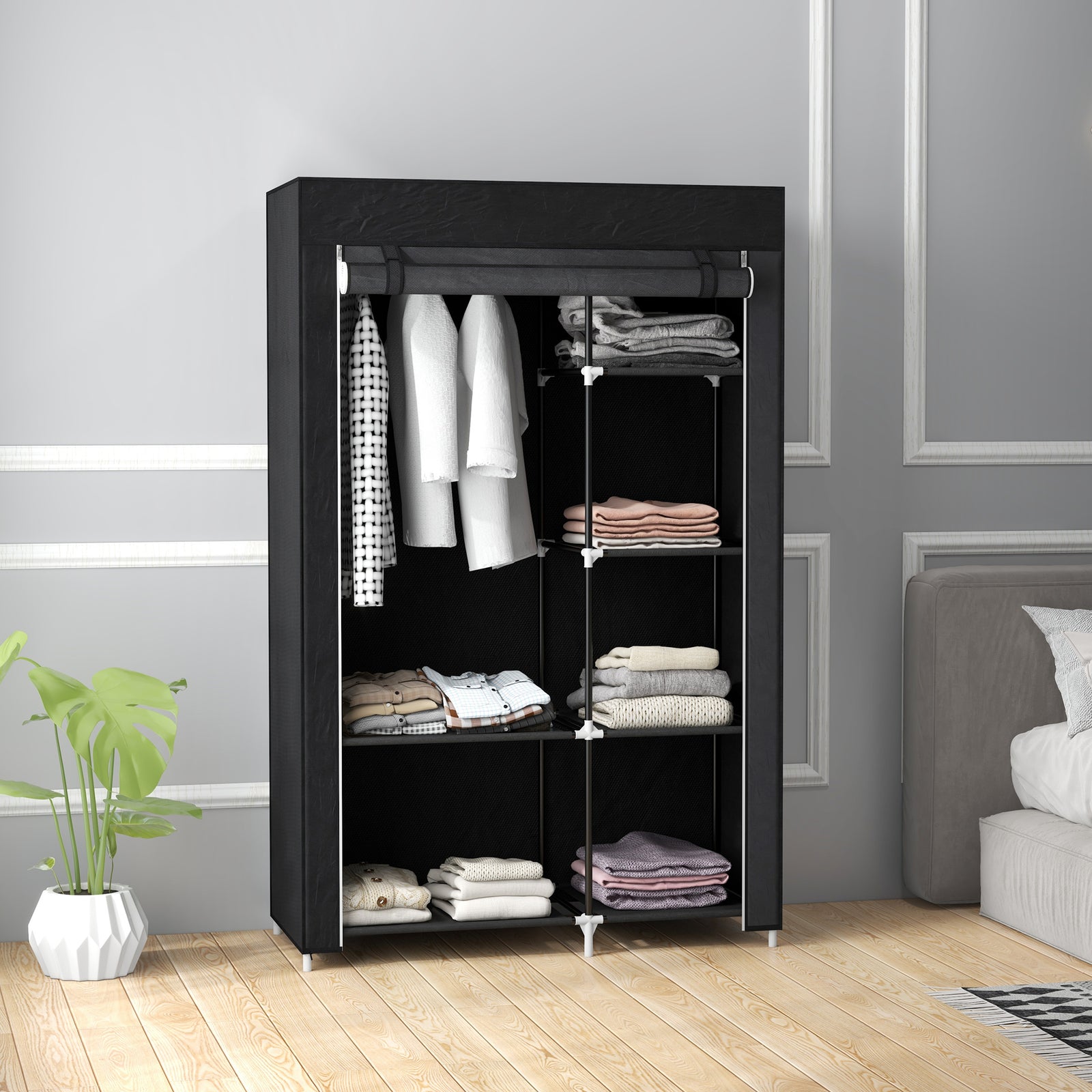 Fabric Wardrobe W/ Shelves Hanging Rail Foldable Closets | Black