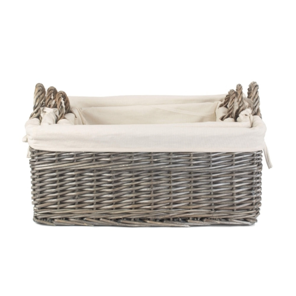 Wicker Shallow Lined Antique Wash Storage Basket | Set-of-3 | White