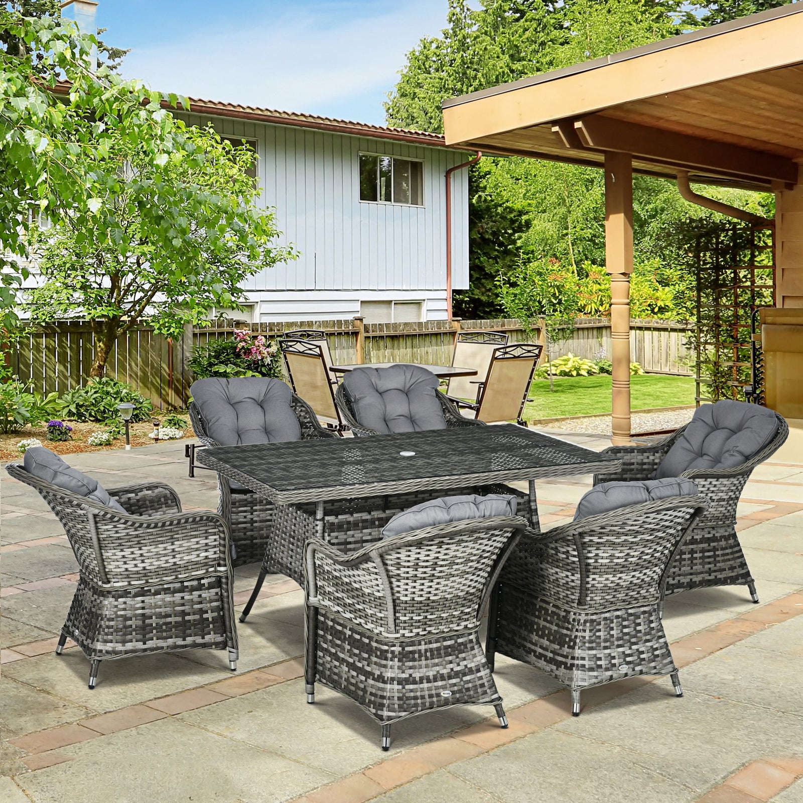7 Pcs Rattan Dining Set W/ Tempered Glass Table