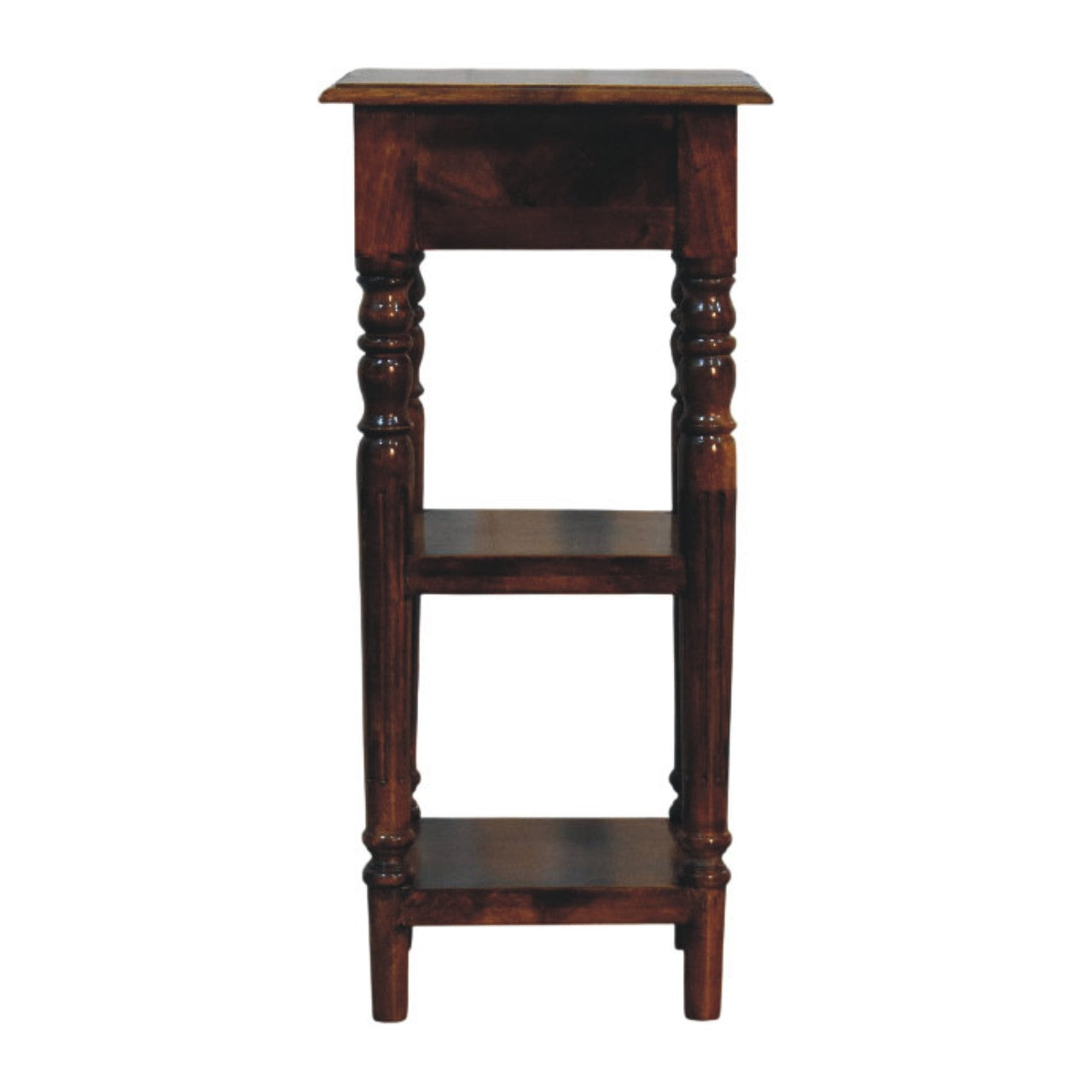 Tall Turned Leg Side Table, 1 Drawer, 2 Open Shelves, Dark Brown | 3 | Brown