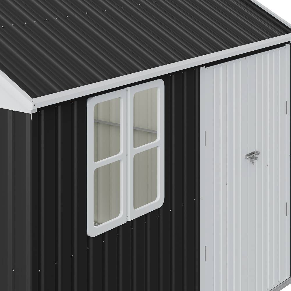 10x8ft Lockable Outdoor Metal Shed With Window – Apex Roof Garden Storage With Double Doors For Tools, Equipment