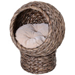 Wicker Cat House, Raised Cat Bed With Cushion, 42 X 33 X 52cm/50 X 42 X 60 Cm | Small | Dark Brown