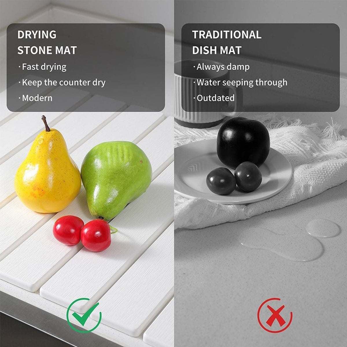 Stone Dish Drying Mat 60cm – Foldable Non-slip Diatomite Kitchen Drainer 40x30cm | White