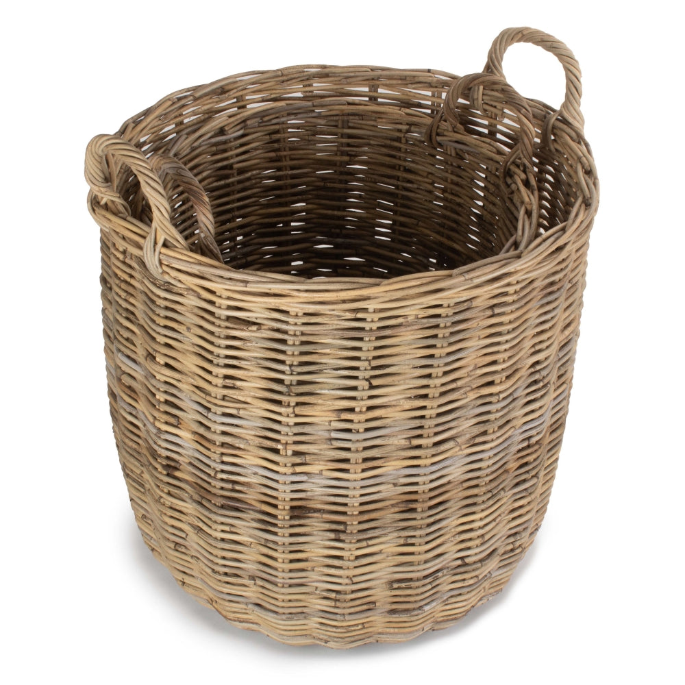 Tall Round Fireside Grey Rattan Log Basket | Set-of-2 | Brown