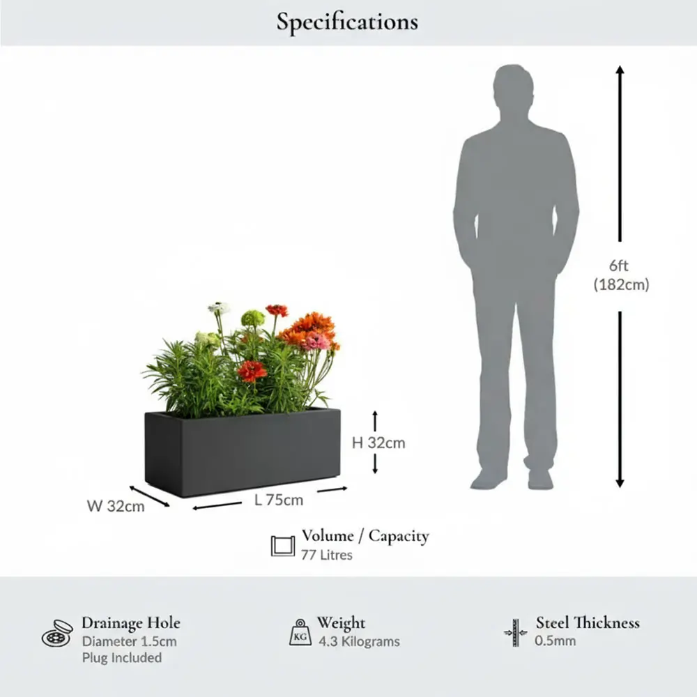 Zinc Galvanised Trough Planter | 75cm x 32cm x 32cm | Grey
