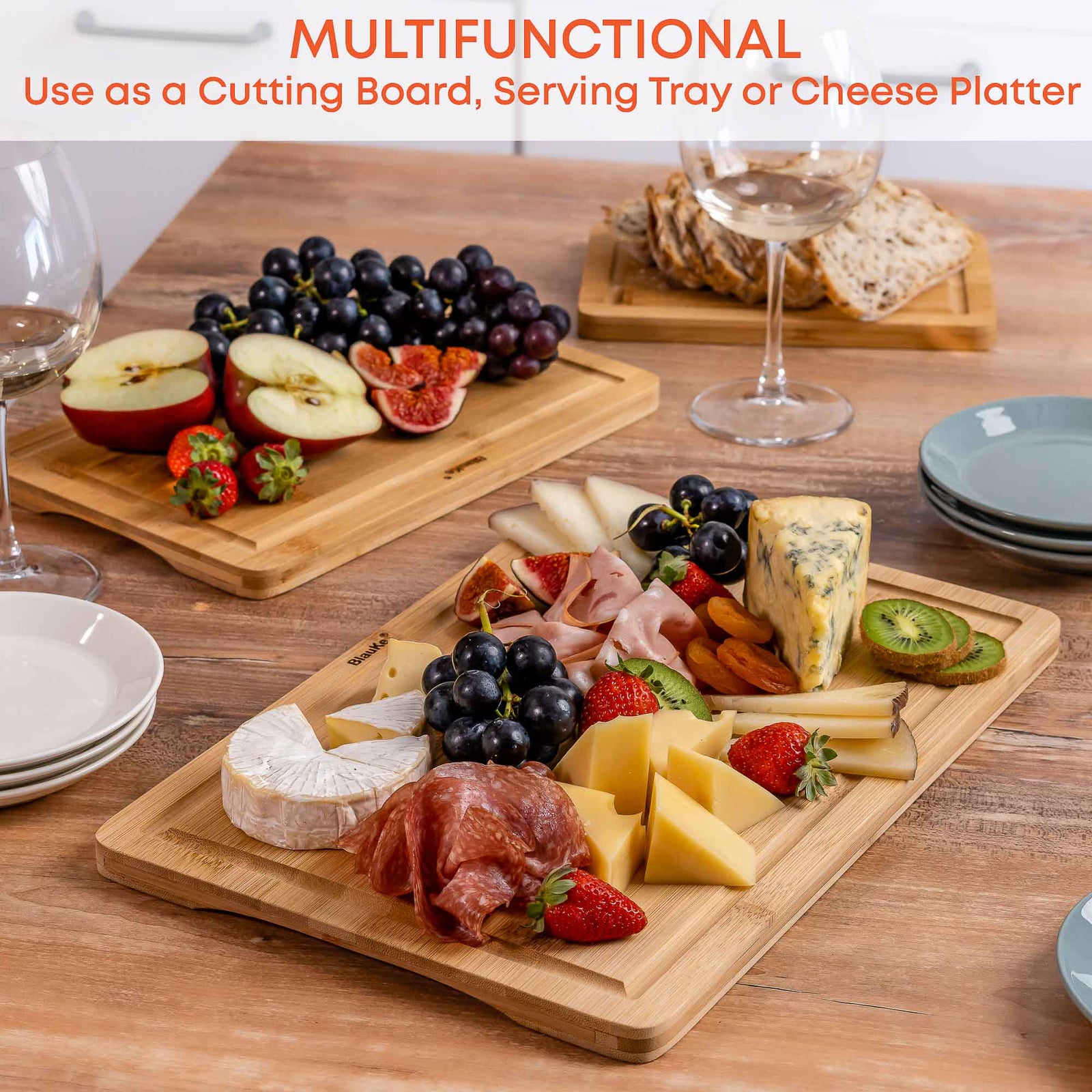 BlauKe Wood Cutting Boards For Kitchen - Bamboo Cutting Board Set With Juice Groove And Handles - Wooden Chopping Board