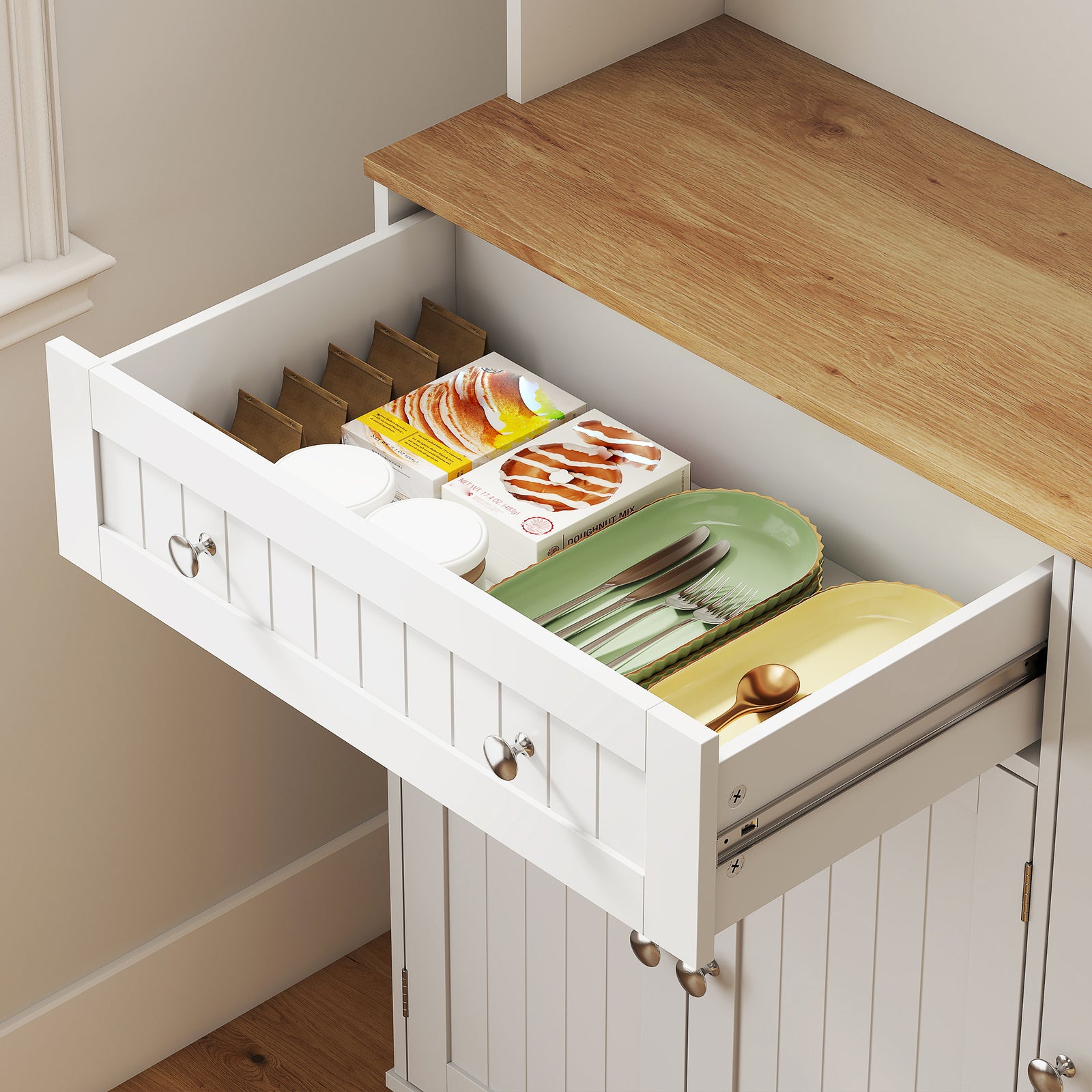 Pantry Storage Cabinet With Adjustable Shelves And 4 Door Racks | White