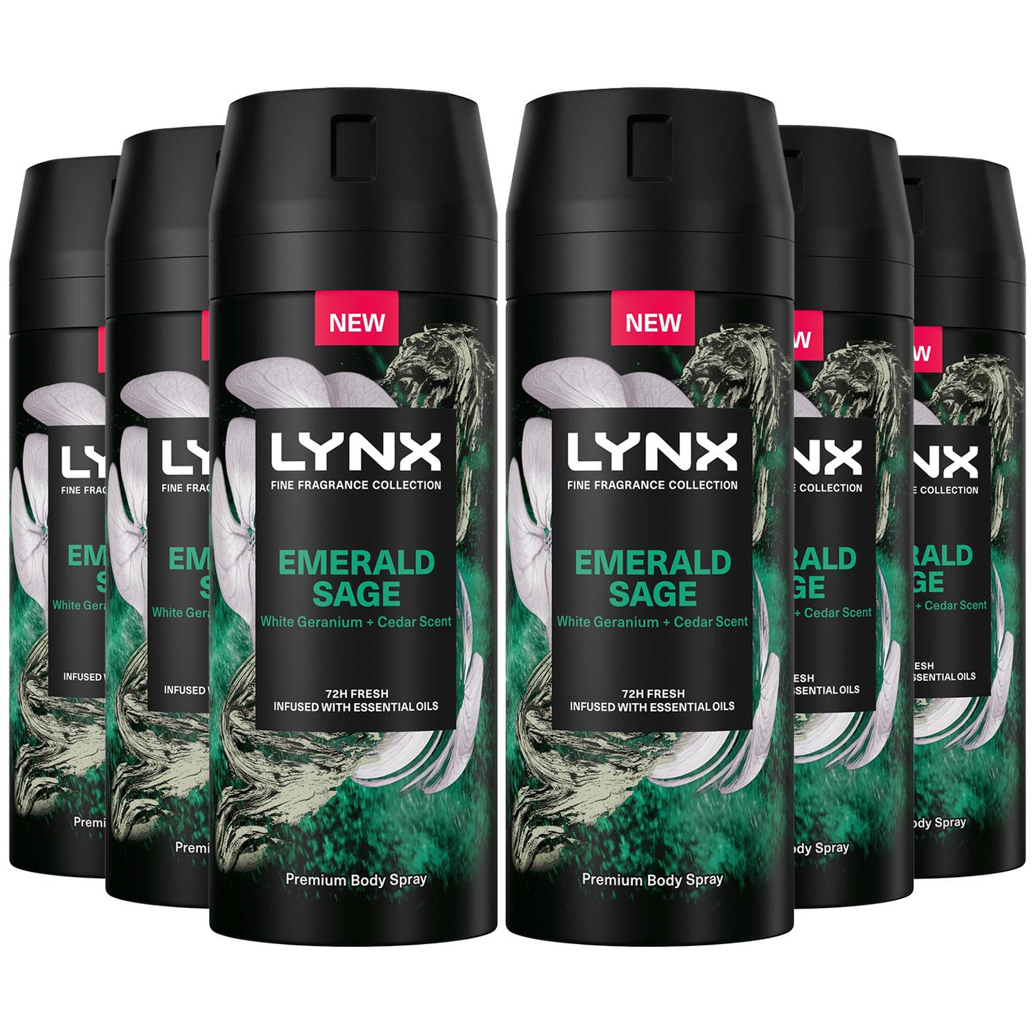 Lynx Fine Fragrance Collection Emerald Sage Deodorant Body Spray 150ml, 6 Pack