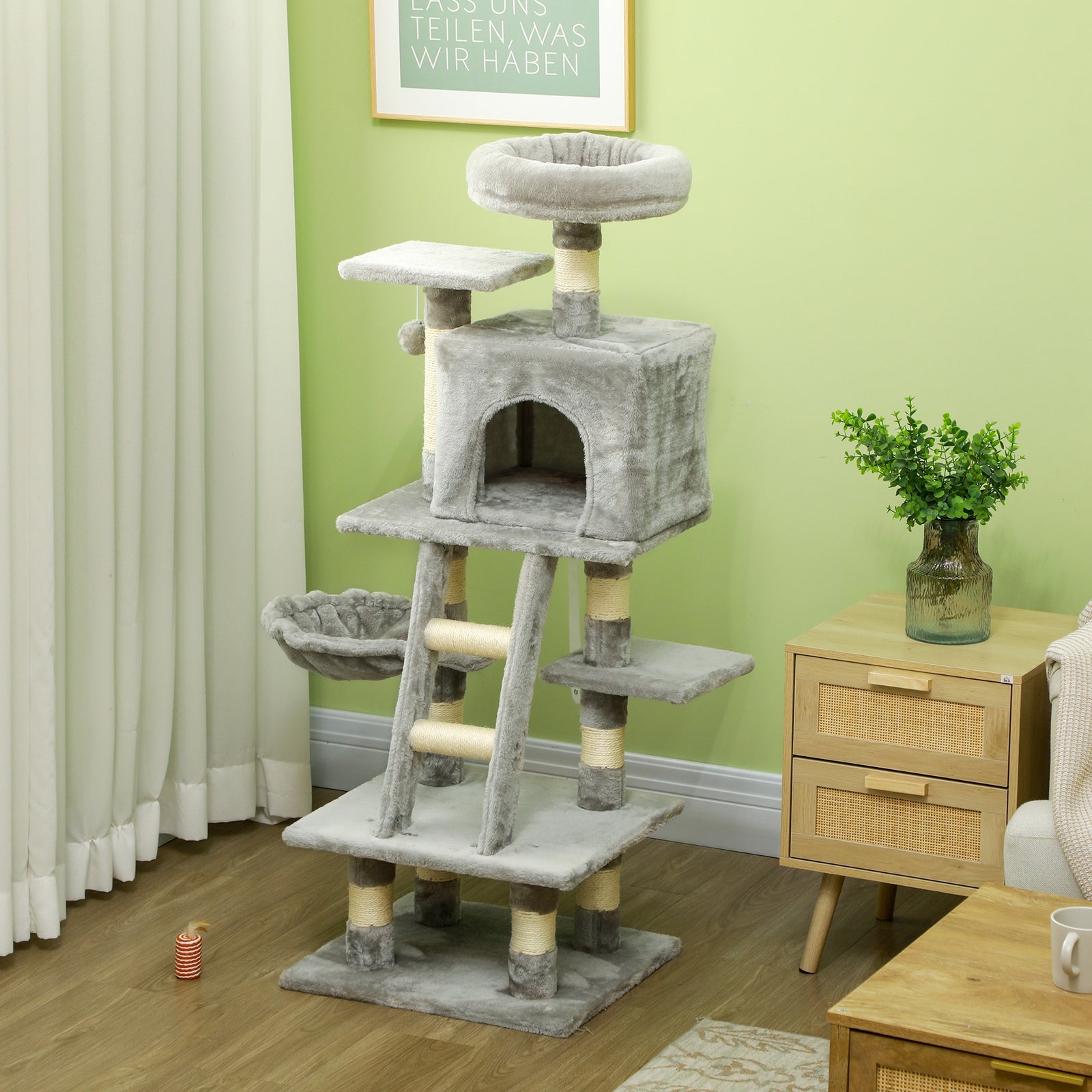 132cm Multi-activity Cat Tree W/ House, Bed, Ladder, Scratch Post - Grey