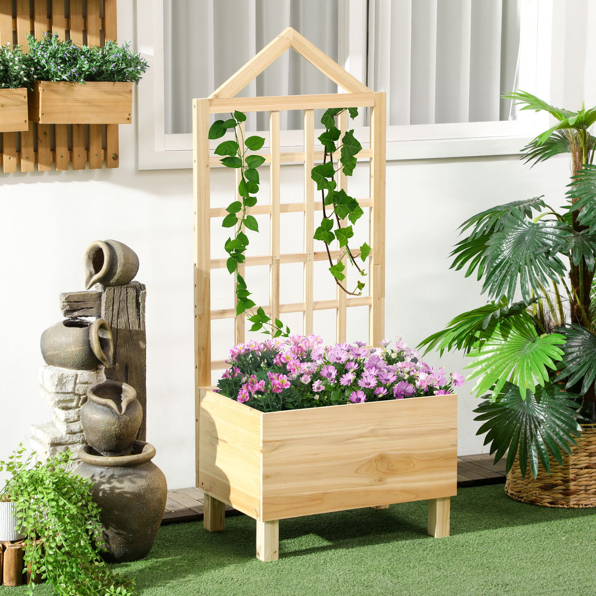 Outsunny Wooden Garden Planters With Trellis For Vine Climbing Plants, Natural