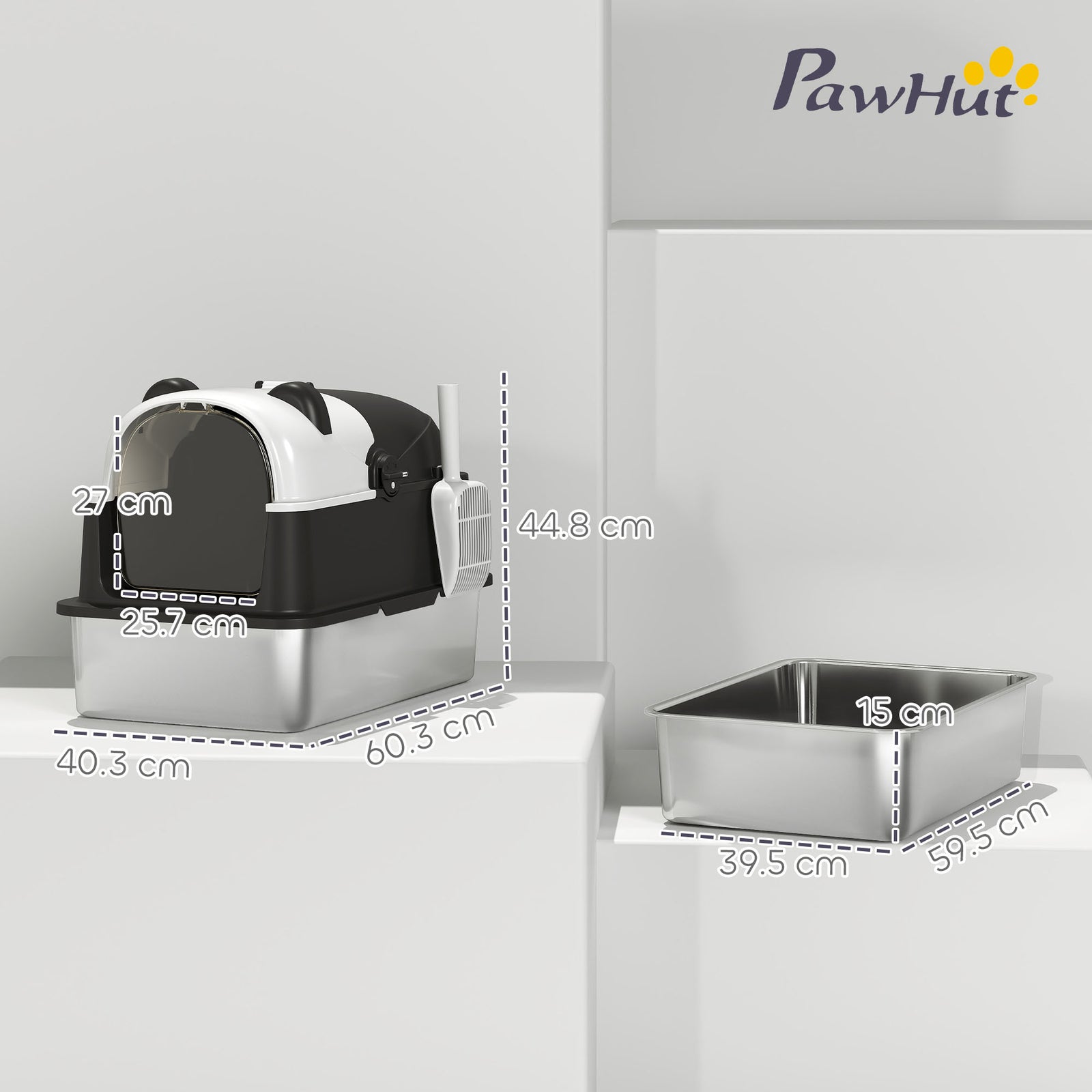 Xl Stainless Steel Litter Box Tray With Lid, Panda Style | Black
