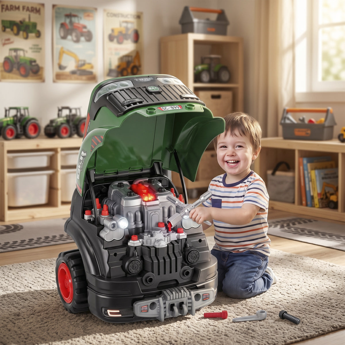 AIYAPLAY Kids Truck Engine Toy With Spray Lights Sounds For 3-6 Years, Green