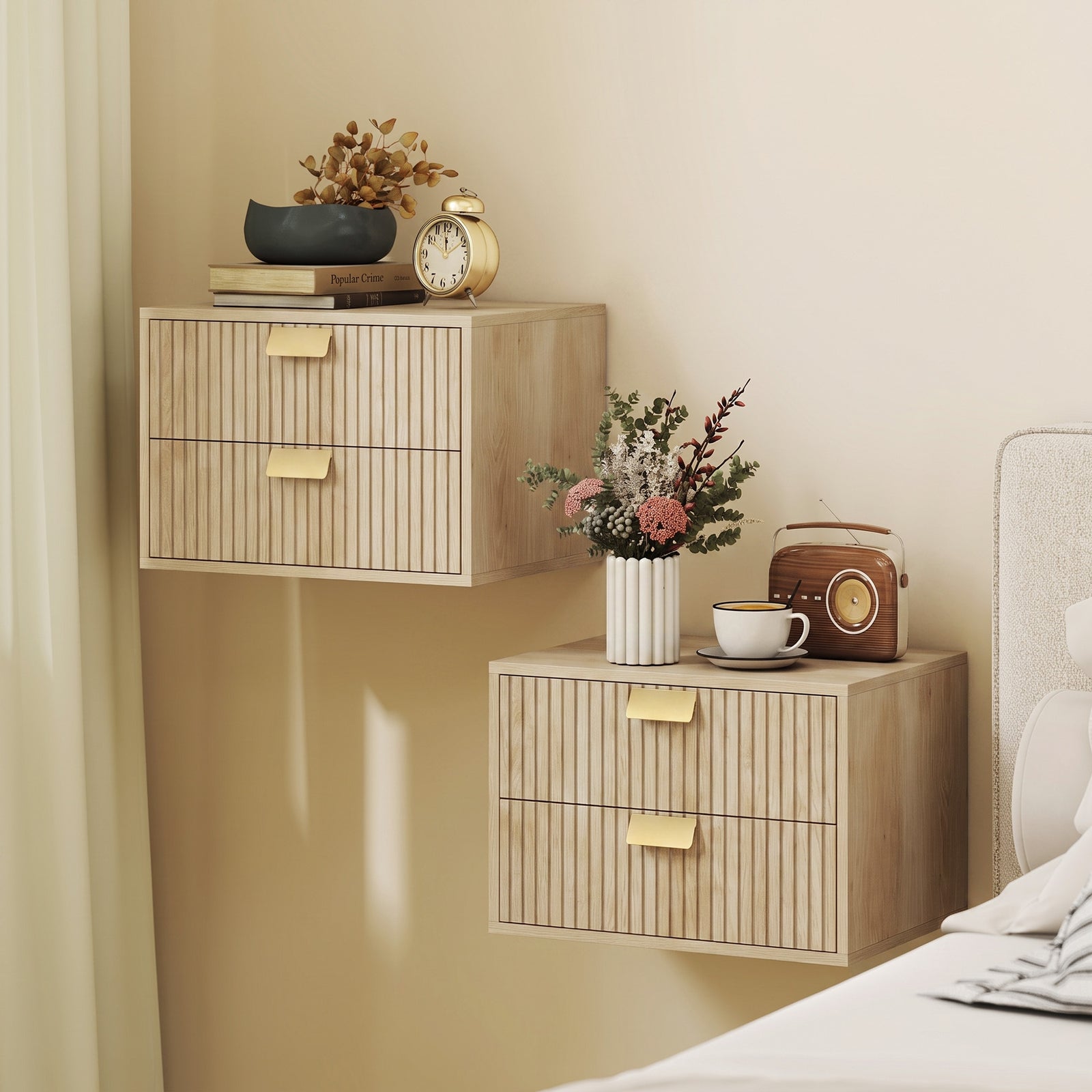 2pcs Modern Floating Nightstands,  2 Drawers Bedside Tables | Oak