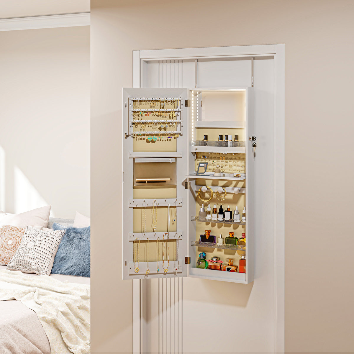 HOMCOM Led Mirror Jewellery Cabinet, Full Length Mirror With Storage, White