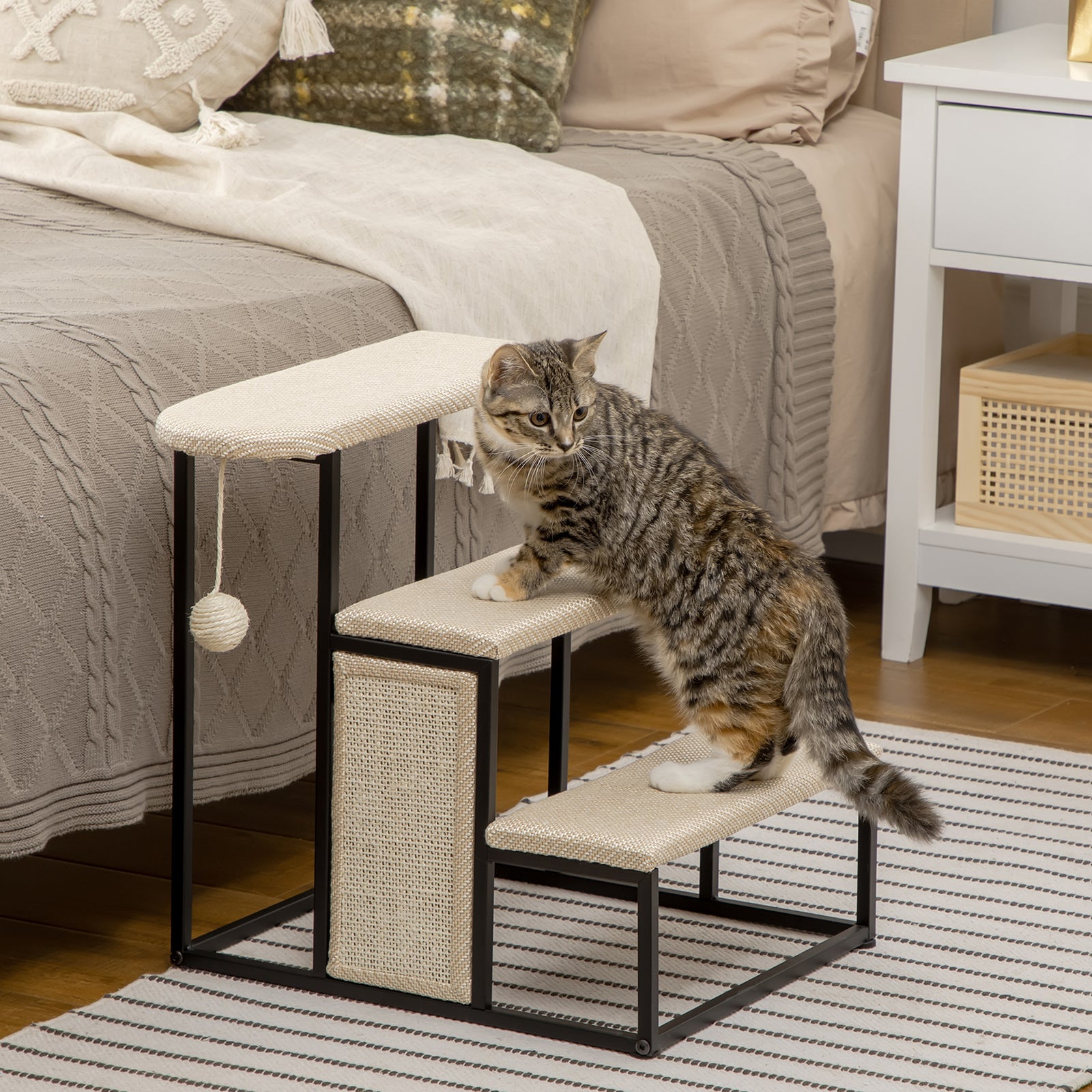Cat Stairs W/ Sisal Scratching Board, Hanging Ball, Steel Frame - Cream