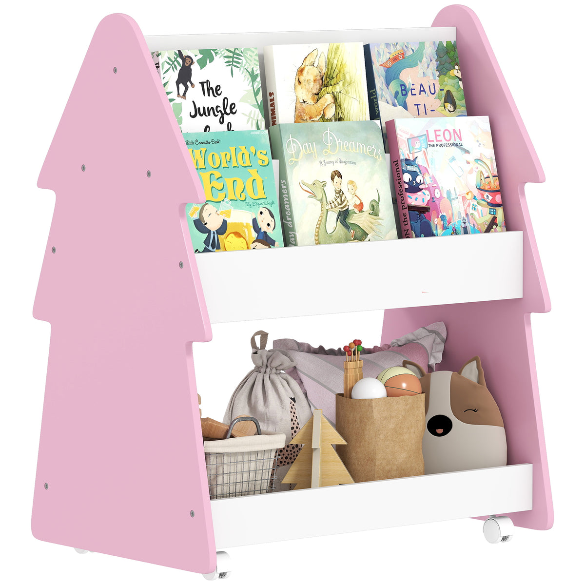 AIYAPLAY Double-sided Children's Bookcase With Wheels For Playroom, Pink
