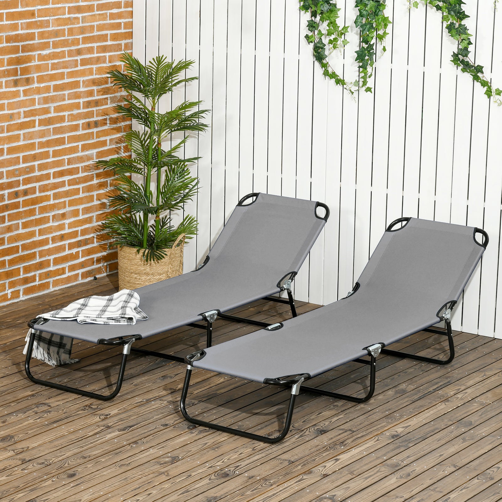 Folding Sun Loungers Set Of 2 With Adjustable Backrest | Dark Gray