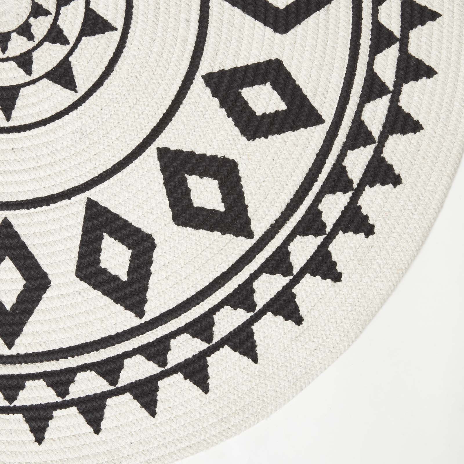 Lia White & Black Mandala Handoven Cotton Rug Round | 90cm | Black & White