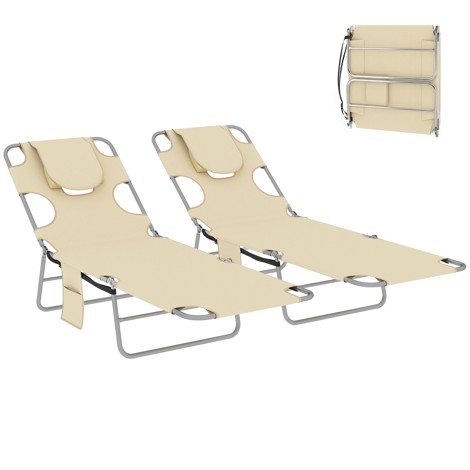2 Sun Loungers With Reading Hole, Folding Garden Lounger | Beige