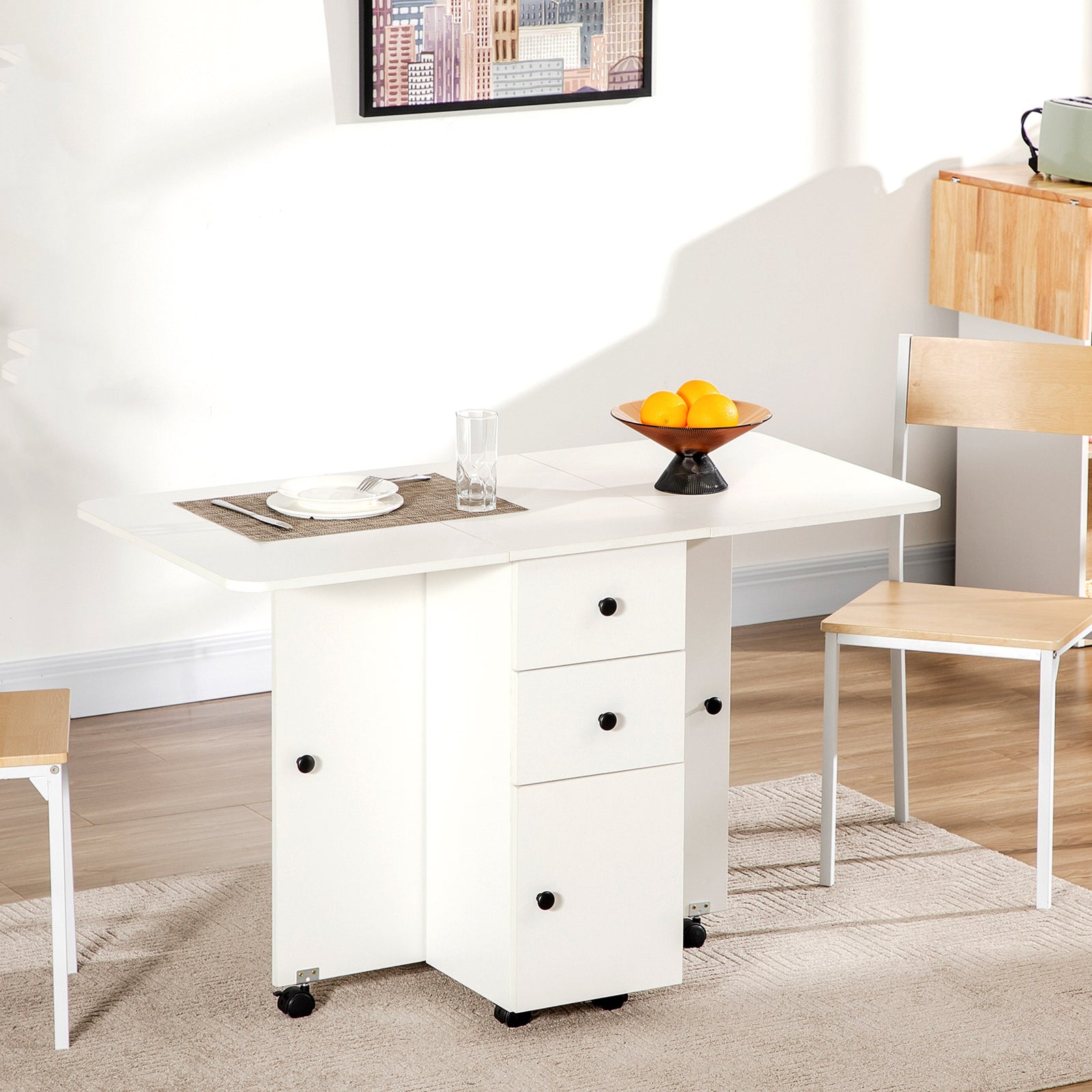 Folding Dining Table, Drop Leaf Table With Storage Drawers | White