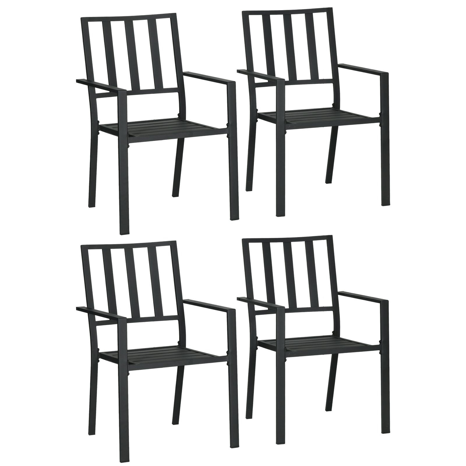 Stackable Outdoor Garden Chairs With Metal Slatted Design | Set of 4 | Black