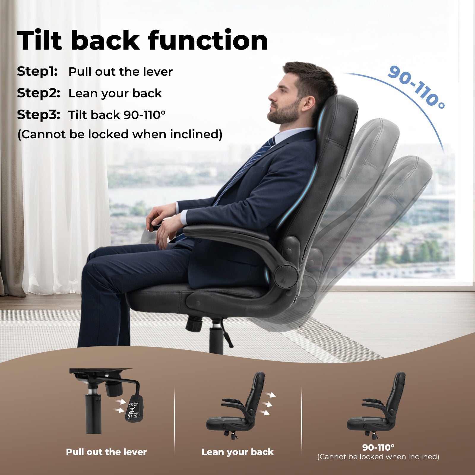 Ergonomic Office Computer Chair Pu Leather Swivel Recliner With Flip-up Armrests | Black