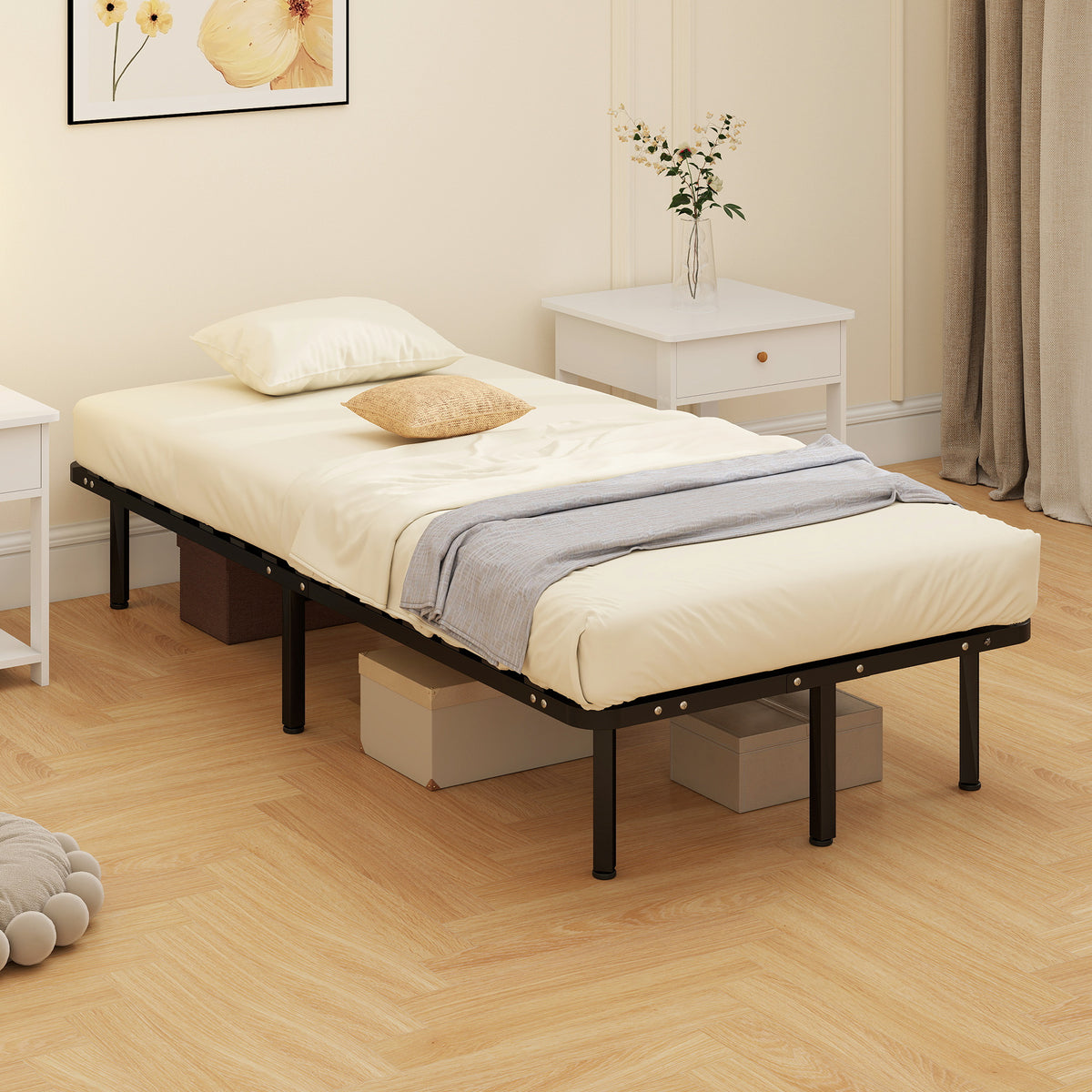 HOMCOM 3ft Single Bed Frame, Metal Platform Bed Frame With 2 X 14 Wood Slats