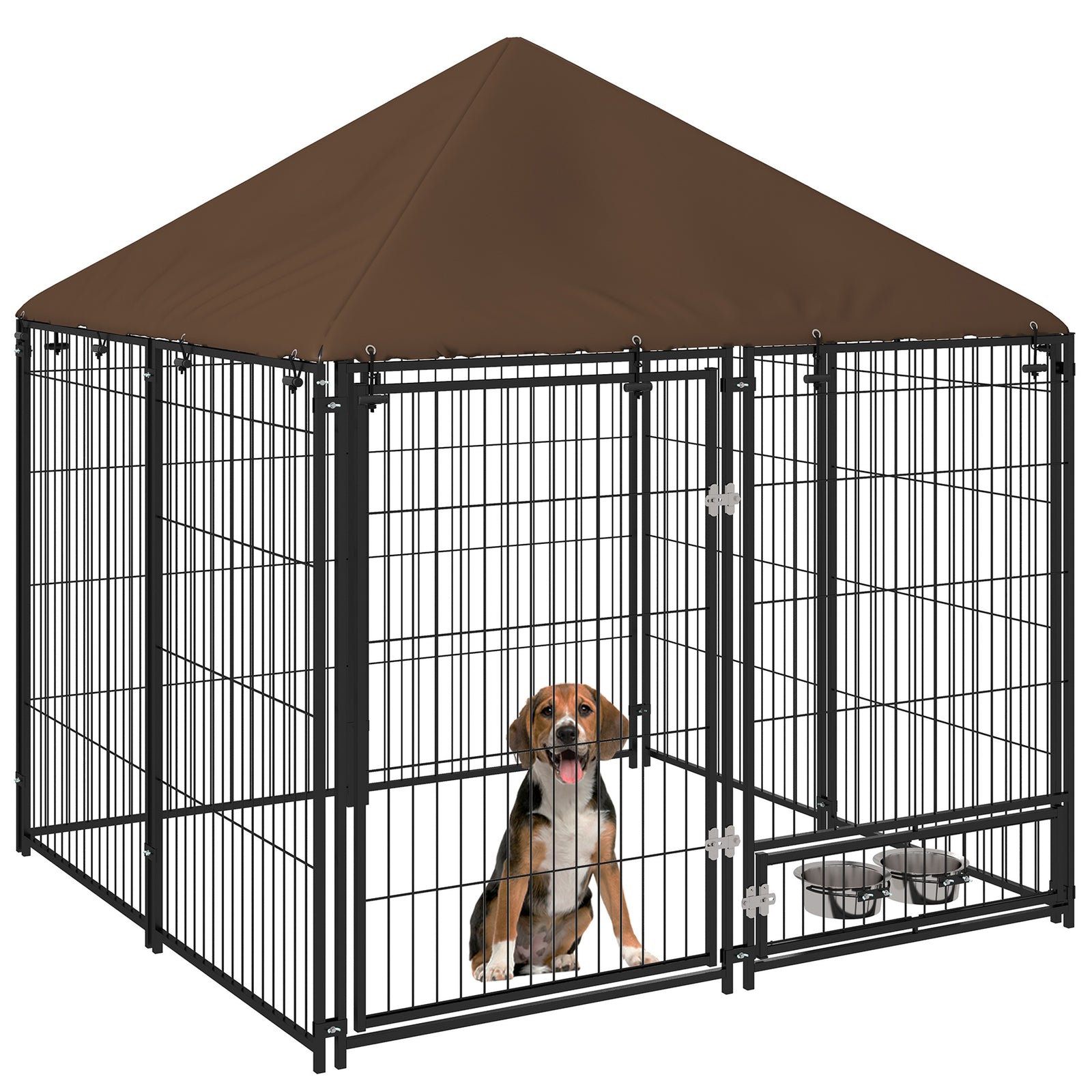 Dog House Kennel W/ Canopy Top, Lock, Bowl Holder