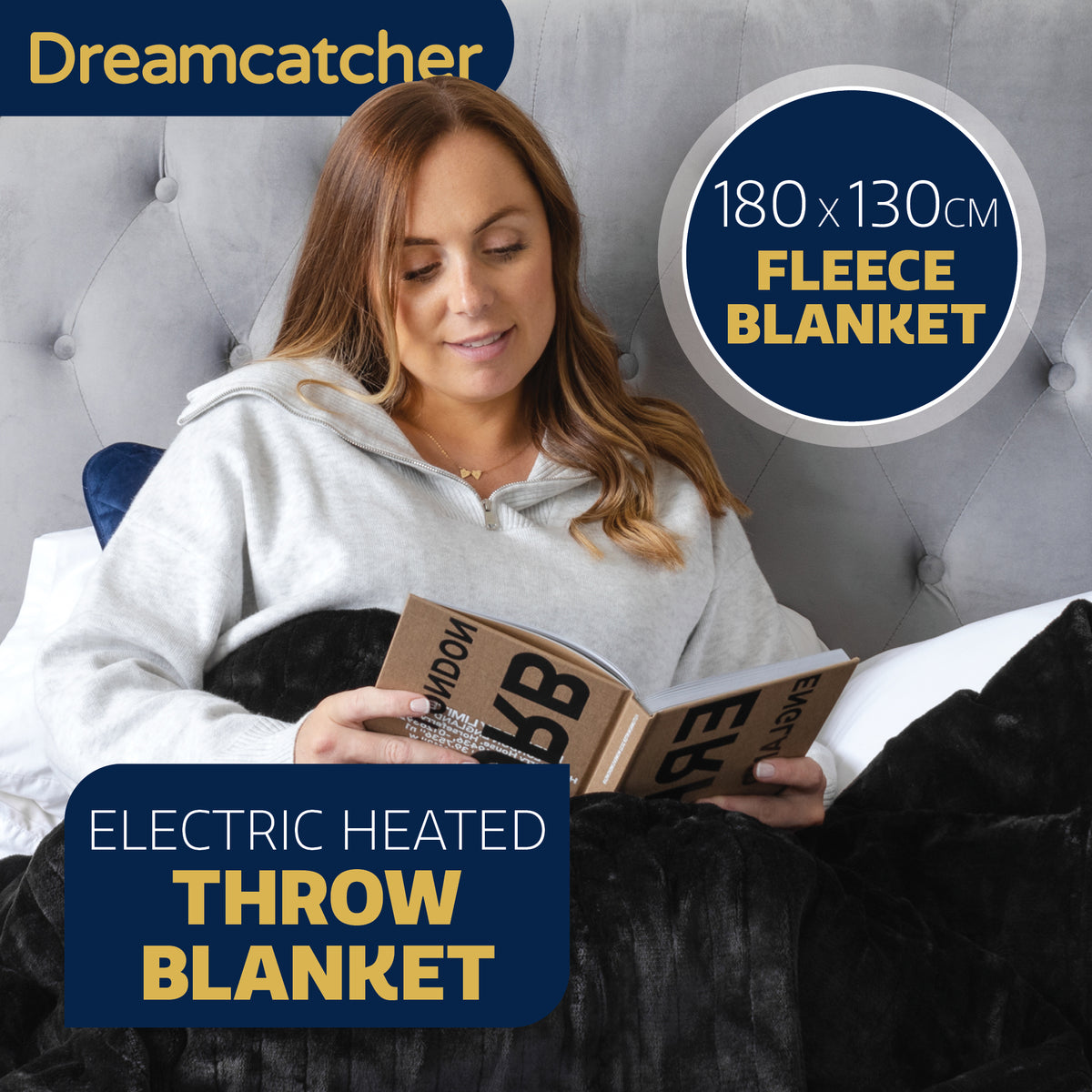 Dreamcatcher Deluxe Xl Electric Throw Heated Double Over Blanket Soft Fleece Black 9 Heat & 12hr Timer