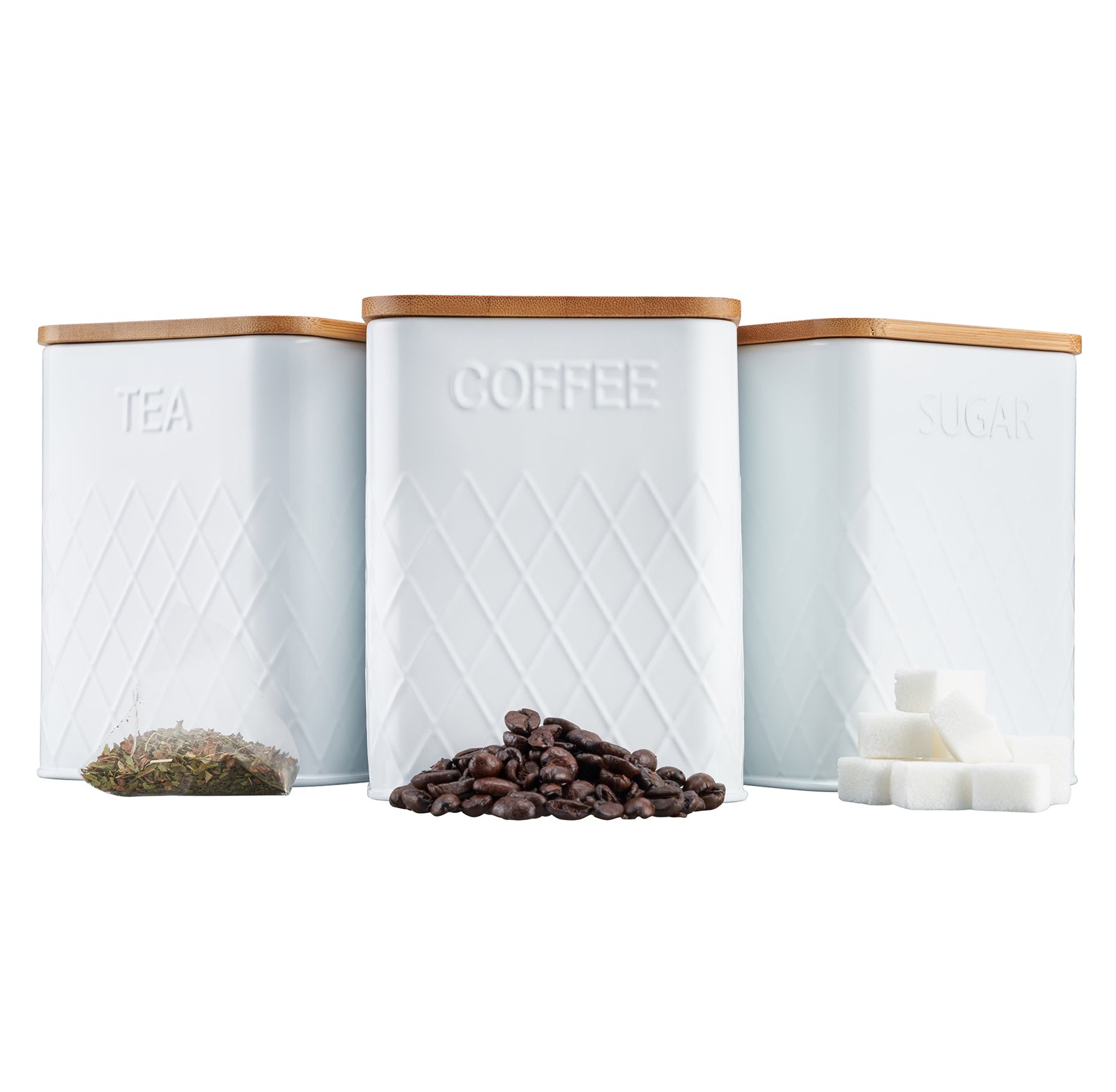 3-piece Kitchen Storage Square With Bamboo Lids Tea Coffee Sugar | White