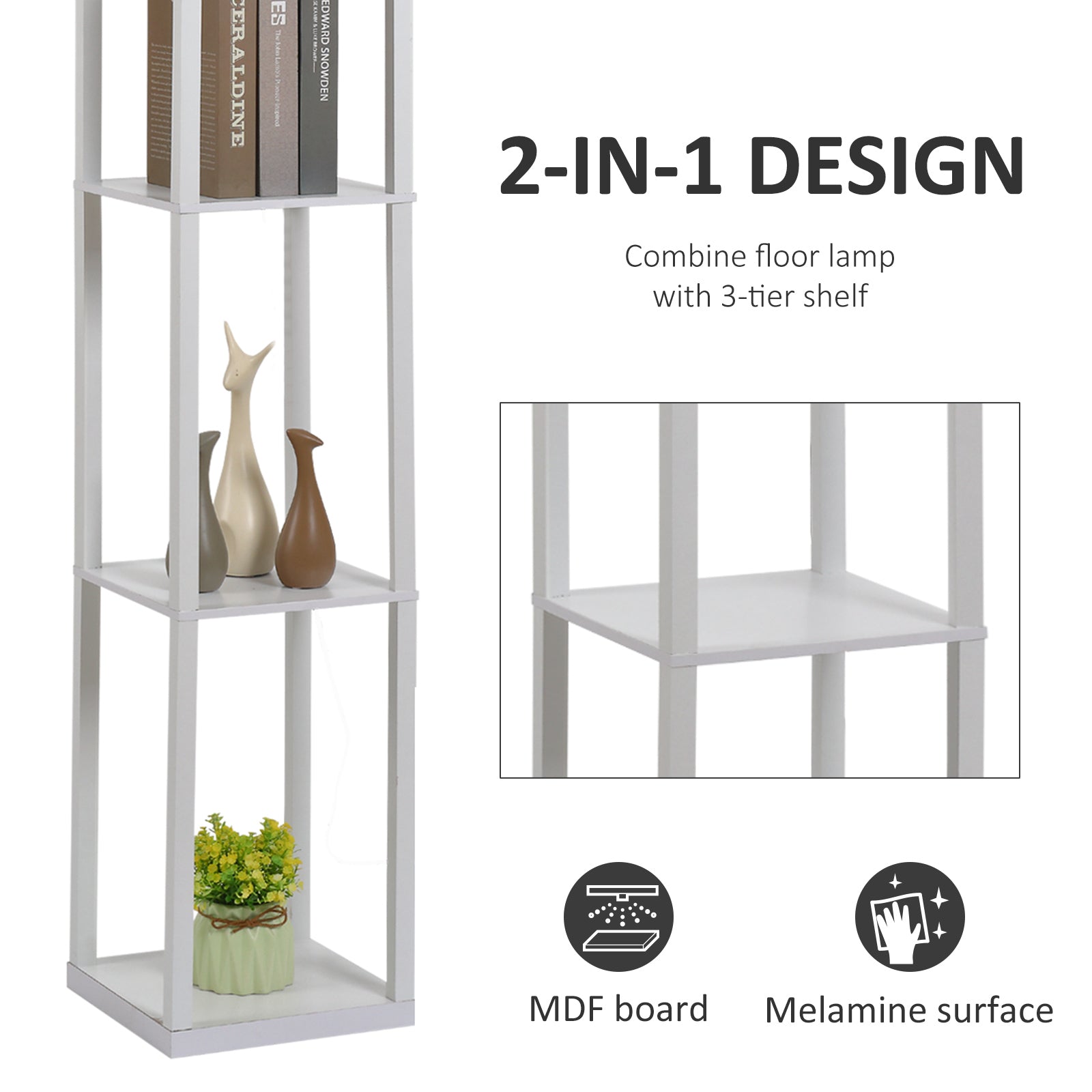 Floor Lamp Reading Lamp With 3-tier Storage Shelf Acrylic | One Size | White