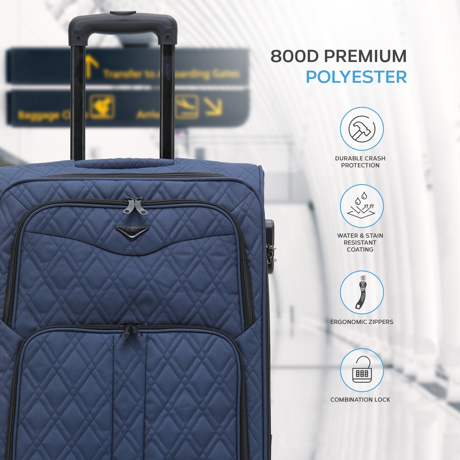Medium 26" Lightweight 4 Wheel 800d Soft Case Quilted Suitcases Set Of 3 Anti Crack - Cabin & Hold Luggage 100+ Airlines Approved | Medium | Navy Blue
