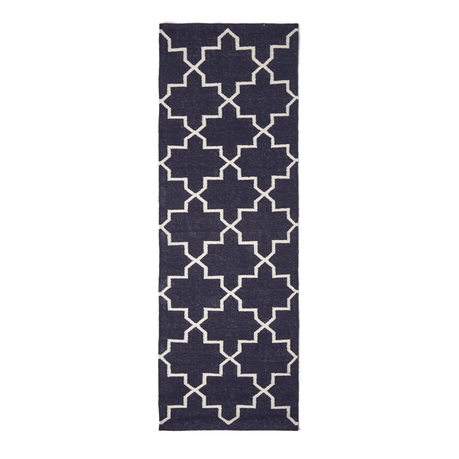 Edmonton Handwoven Navy Blue And White Cotton Geometric Kilim Rug | 200cm | Navy Blue