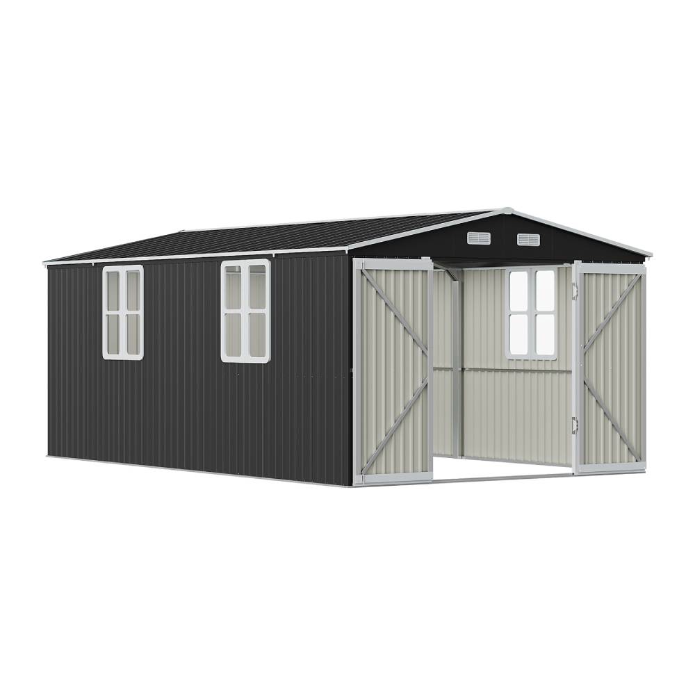 10x16ft Large Metal Storage Shed With Lockable Double Doors, 4 Windows, 4 Vents – Spacious Outdoor Tool Shed