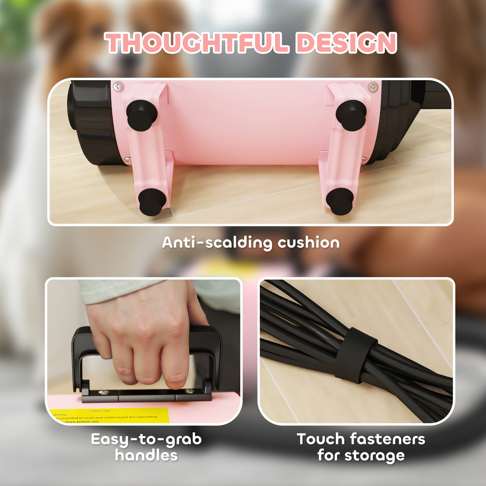 2200w Dog Hair Dryer, Pet Grooming Hair Dryer With 3 Different Nozzles | Pink